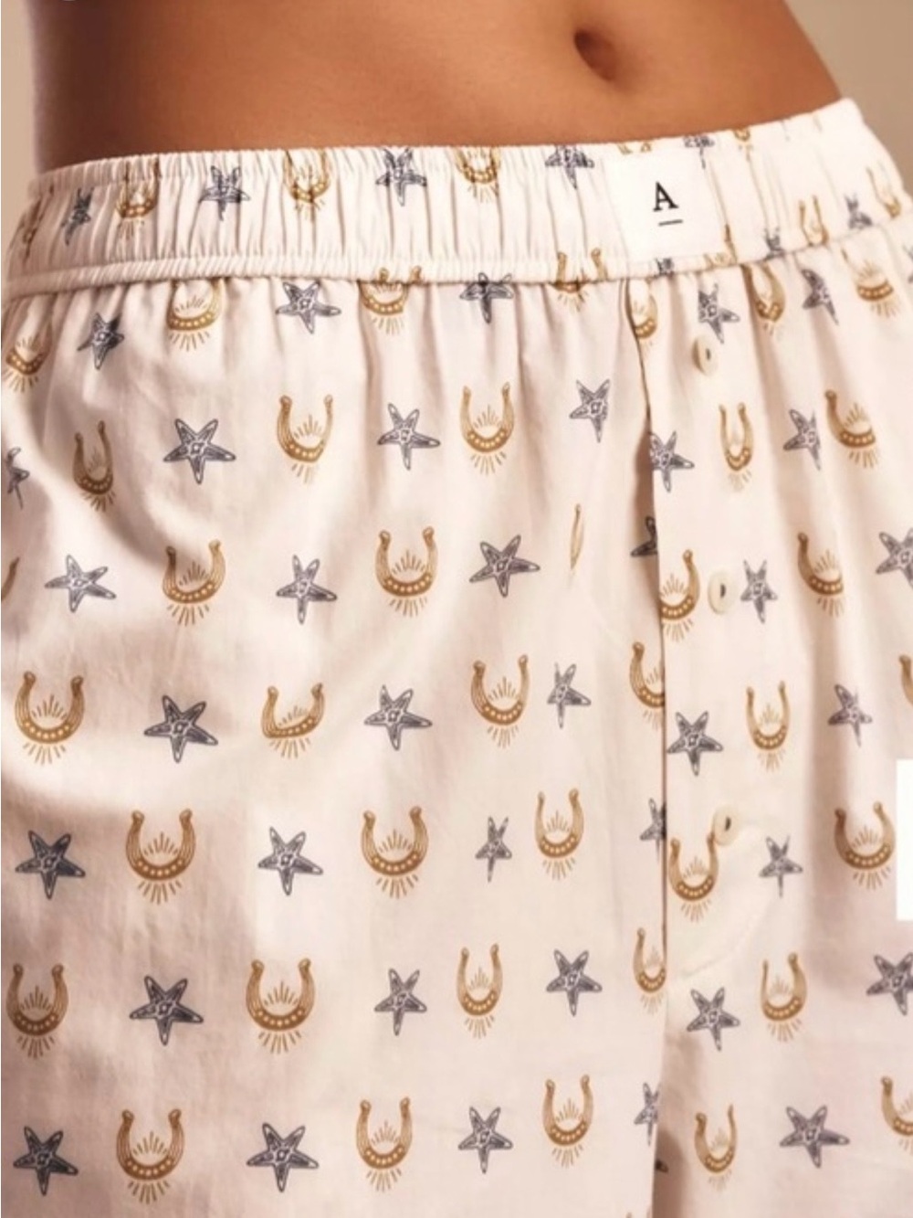 Anthropologie The Wren Boxer Pajama Pants with BlueStars & Gold Horseshoes Motif